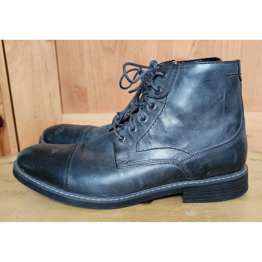 Rockport‎ US 11 Gray 100% Leather Lace Up High Top Combat Boots Moto Grunge Punk